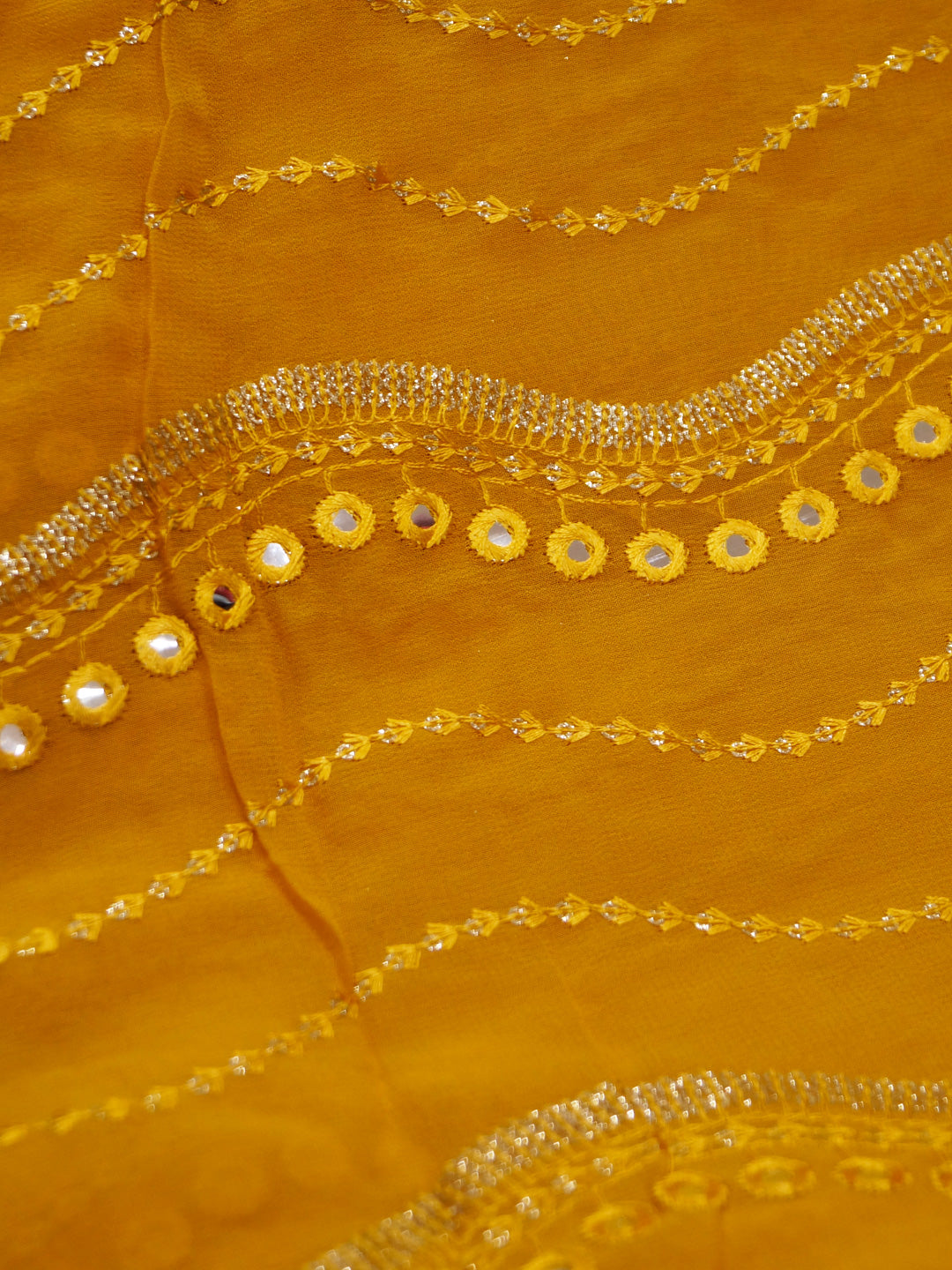 Yellowish Orange Georgette Pure Viscose With Embroidery And Sequence Work Fabric - MBA Fabricwala