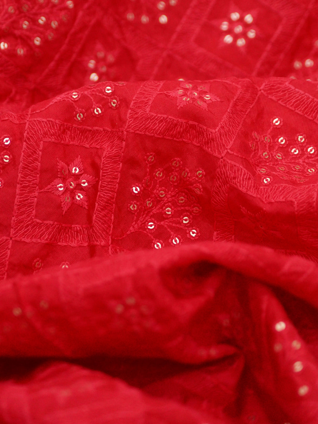 Red Silk Pure Viscose Uppara Silk With Thread Embroidery fabric - MBA Fabricwala