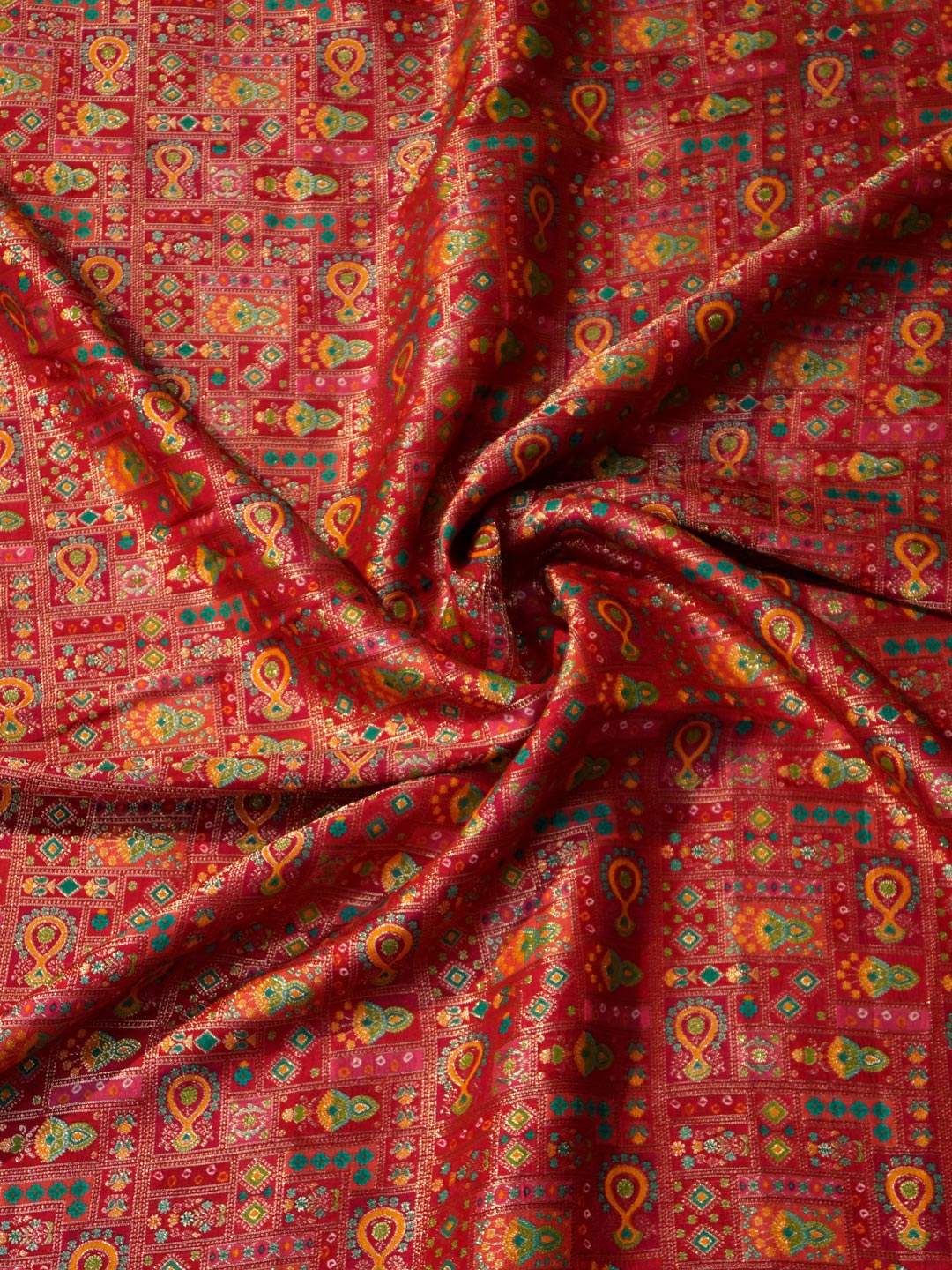 Red Colour Russian Silk Viscose Jacquard work with position print fabric - MBA Fabricwala