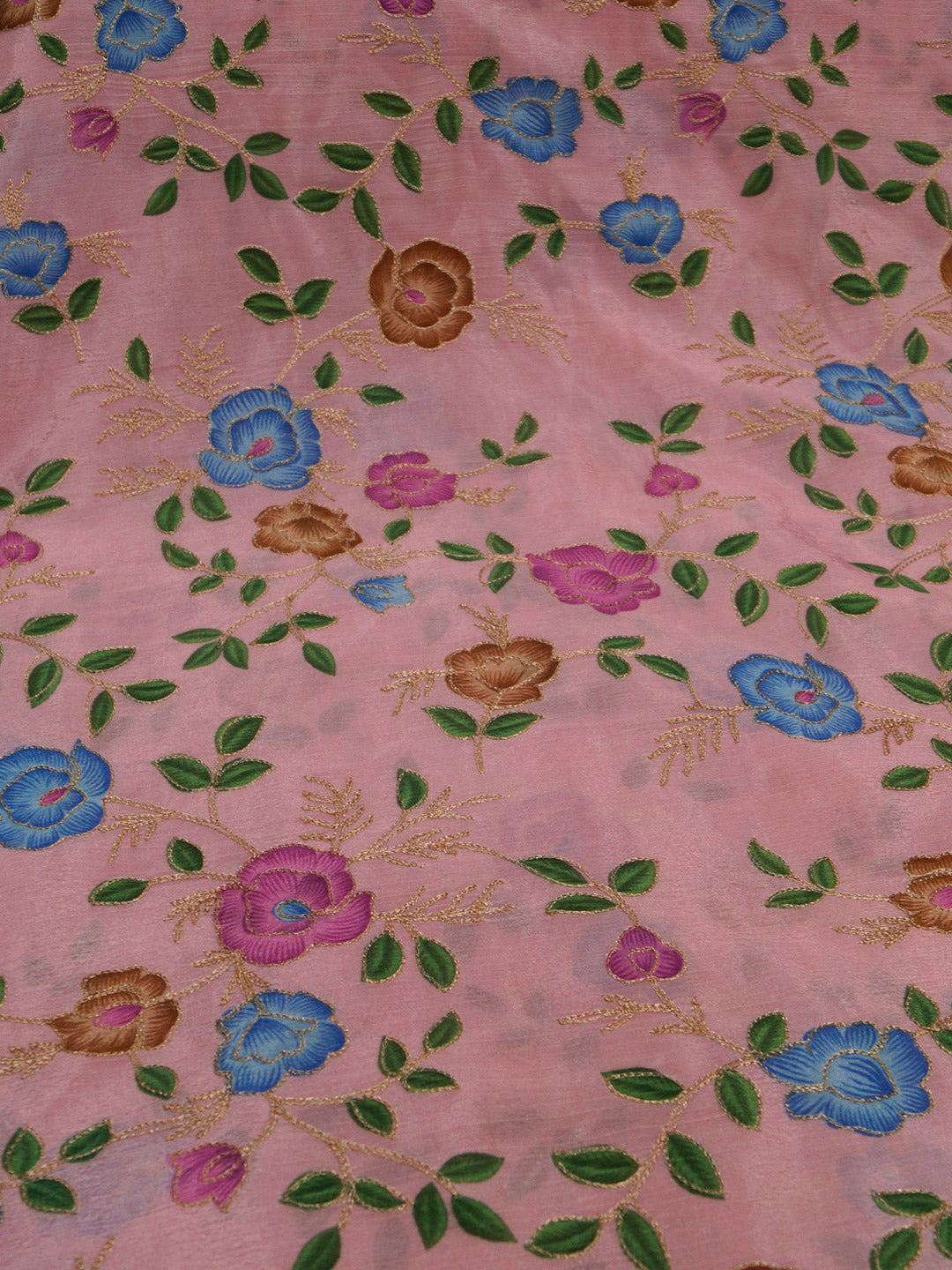 Pastel Pink Coloured Chinon (Nylon) Floral & Sequence Embroidered Fabric with position print fabric - MBA Fabricwala