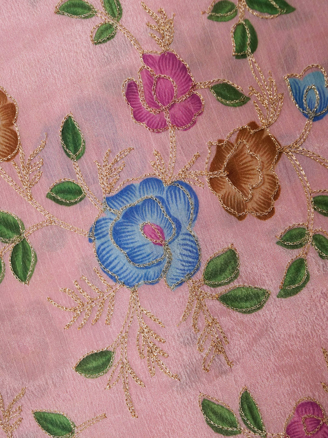 Pastel Pink Coloured Chinon (Nylon) Floral & Sequence Embroidered Fabric with position print fabric - MBA Fabricwala