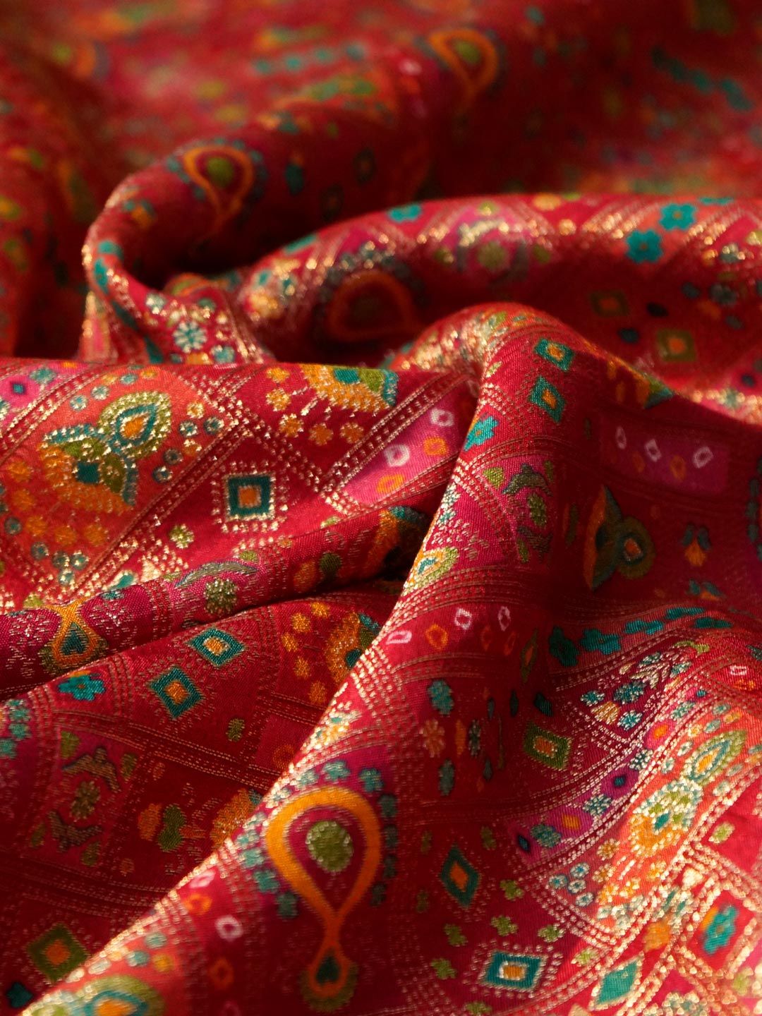 Red Colour Russian Silk Viscose Jacquard work with position print fabric - MBA Fabricwala