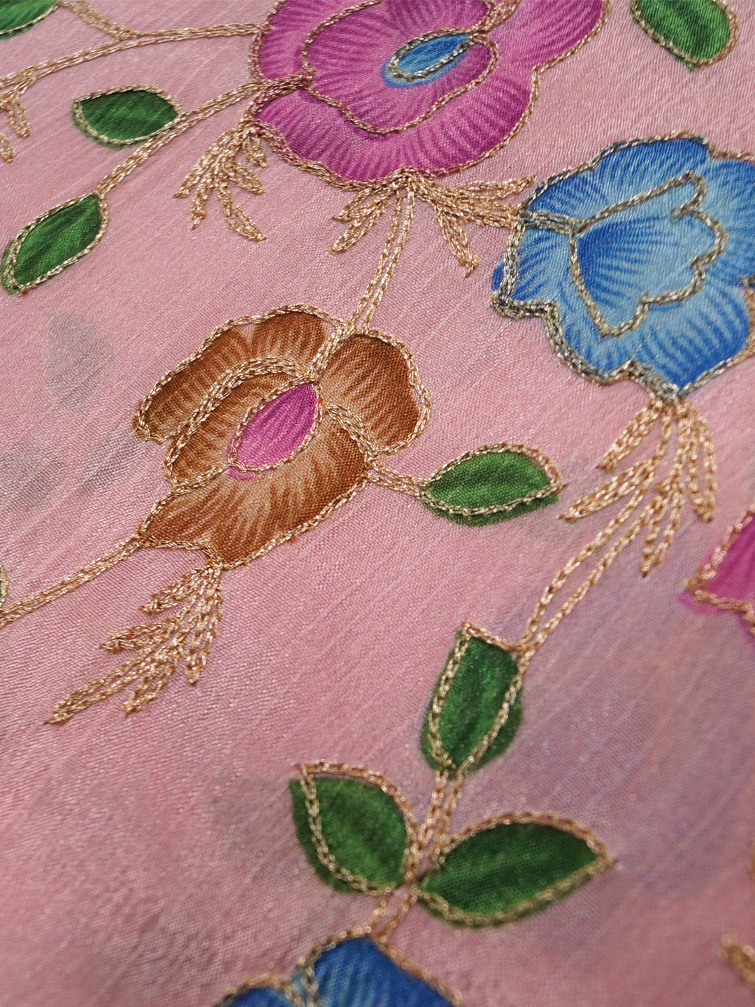 Pastel Pink Coloured Chinon (Nylon) Floral & Sequence Embroidered Fabric with position print fabric - MBA Fabricwala