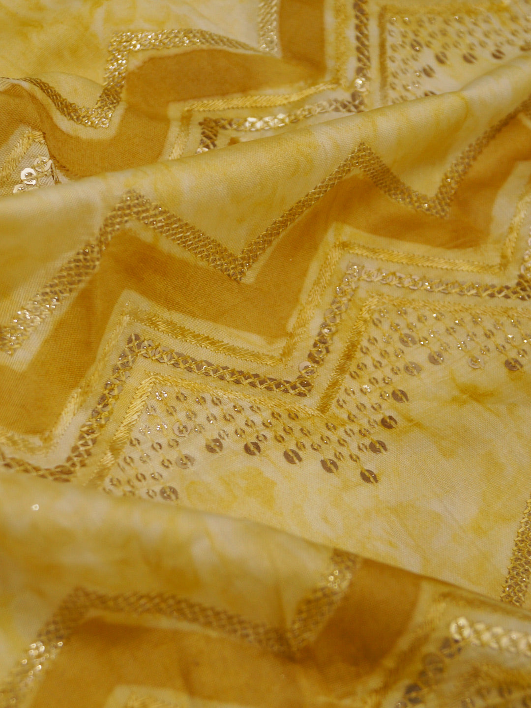 Luxor Gold Mul chanderi pure viscose Sequence Embroidery work with position print fabric - MBA Fabricwala