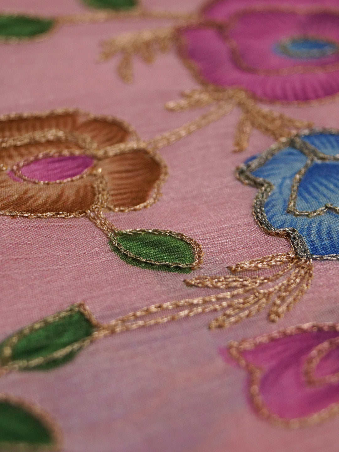 Pastel Pink Coloured Chinon (Nylon) Floral & Sequence Embroidered Fabric with position print fabric - MBA Fabricwala