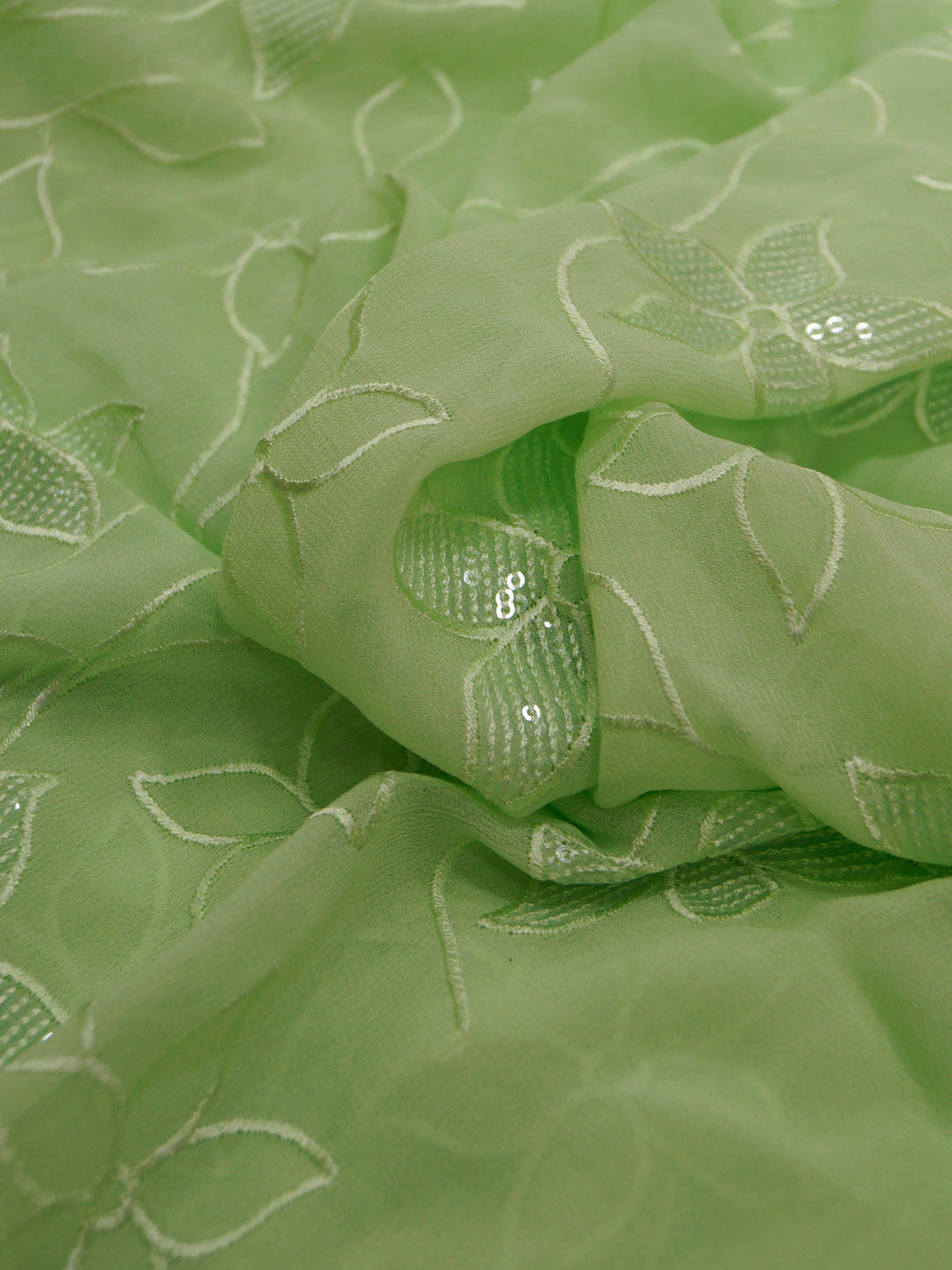 Pastel Green Georgette Pure Viscose With Floral Embroidery And Sequence Work Fabric - MBA Fabricwala