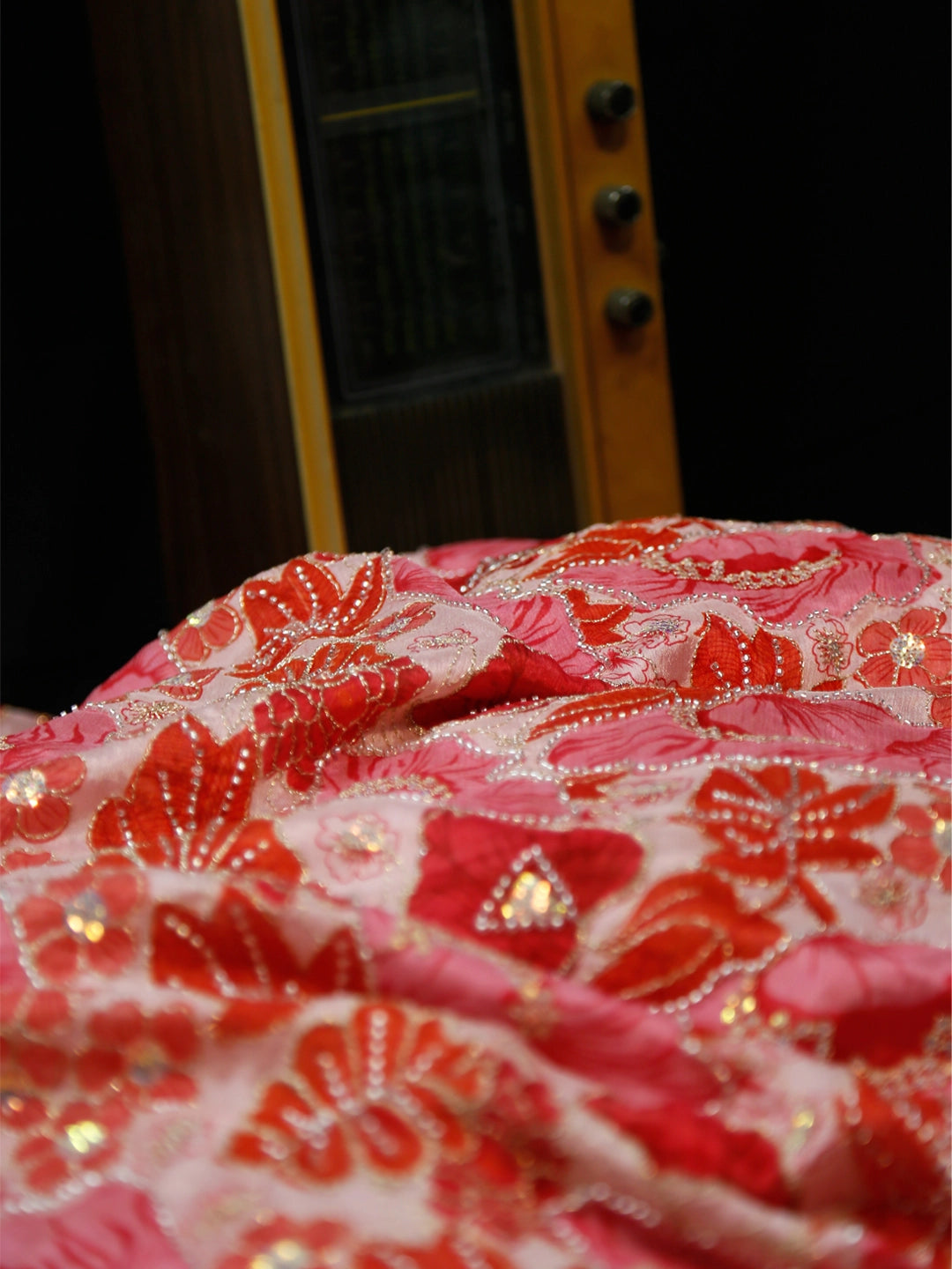 Pink Colourfull Chinon Pure Viscose Embroidery (Zari) Work With Position Print Fabric - MBA Fabricwala