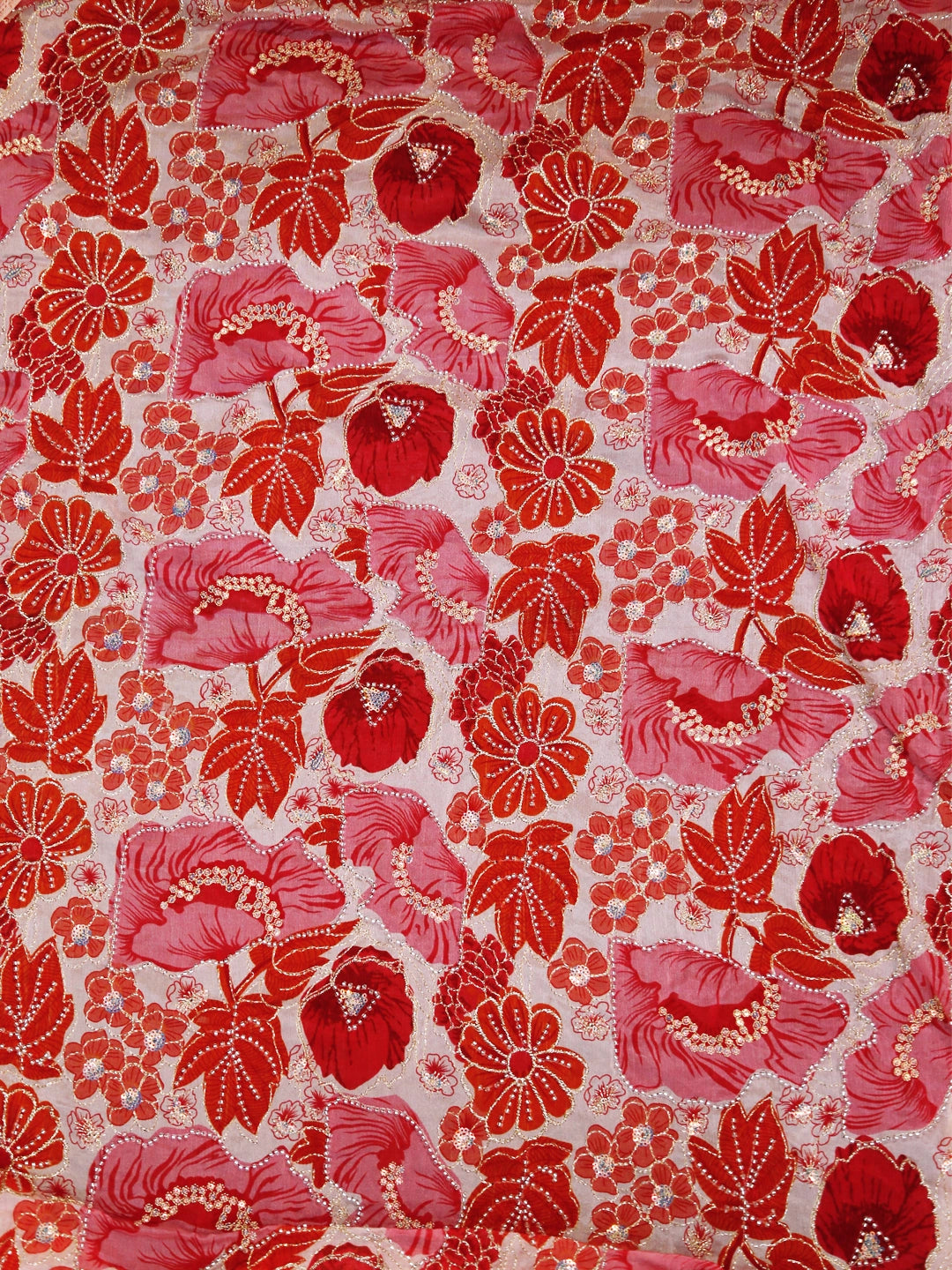 Pink Colourfull Chinon Pure Viscose Embroidery (Zari) Work With Position Print Fabric - MBA Fabricwala