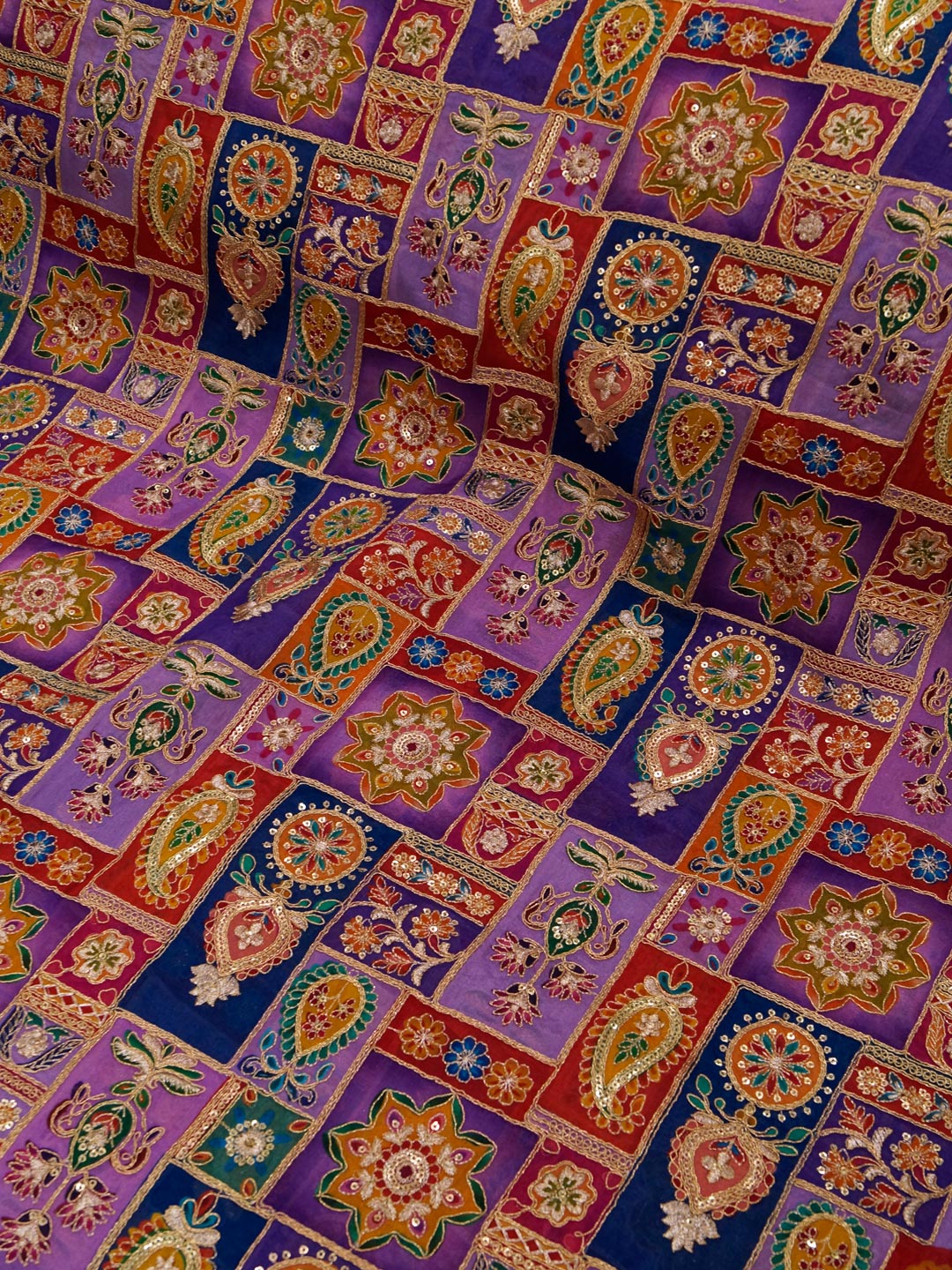 Purple Multicolour Chinon Pure Viscose Embroidery (Zari) Work With Position Print Fabric - MBA Fabricwala