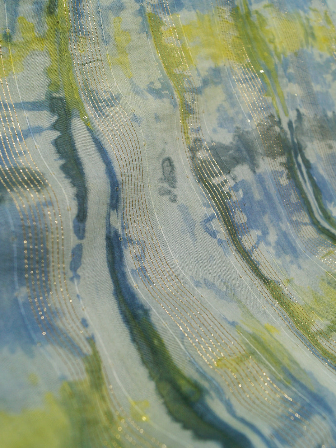 Grey & Green Chanderi Pure viscose Shibori Print With Embroidered (Zari) Fabric - MBA Fabricwala