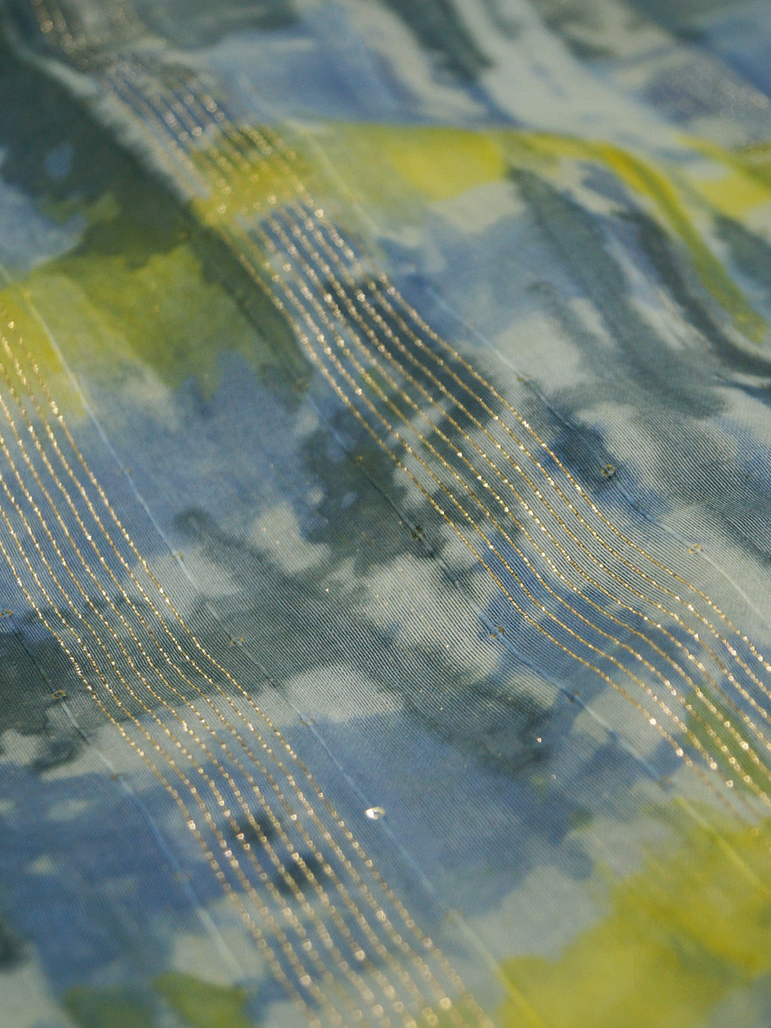 Grey & Green Chanderi Pure viscose Shibori Print With Embroidered (Zari) Fabric - MBA Fabricwala