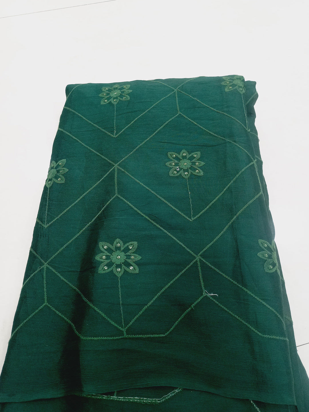 Deep Sea Green Chinon Pure Viscose Fabric With Embroidery And Sequins Work - MBA Fabricwala