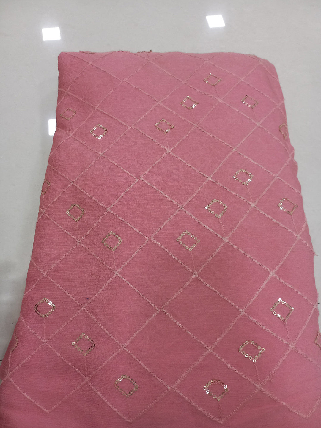 Dusty Pink Chinon Pure Viscose Fabric With Embroidery And Sequins Work - MBA Fabricwala