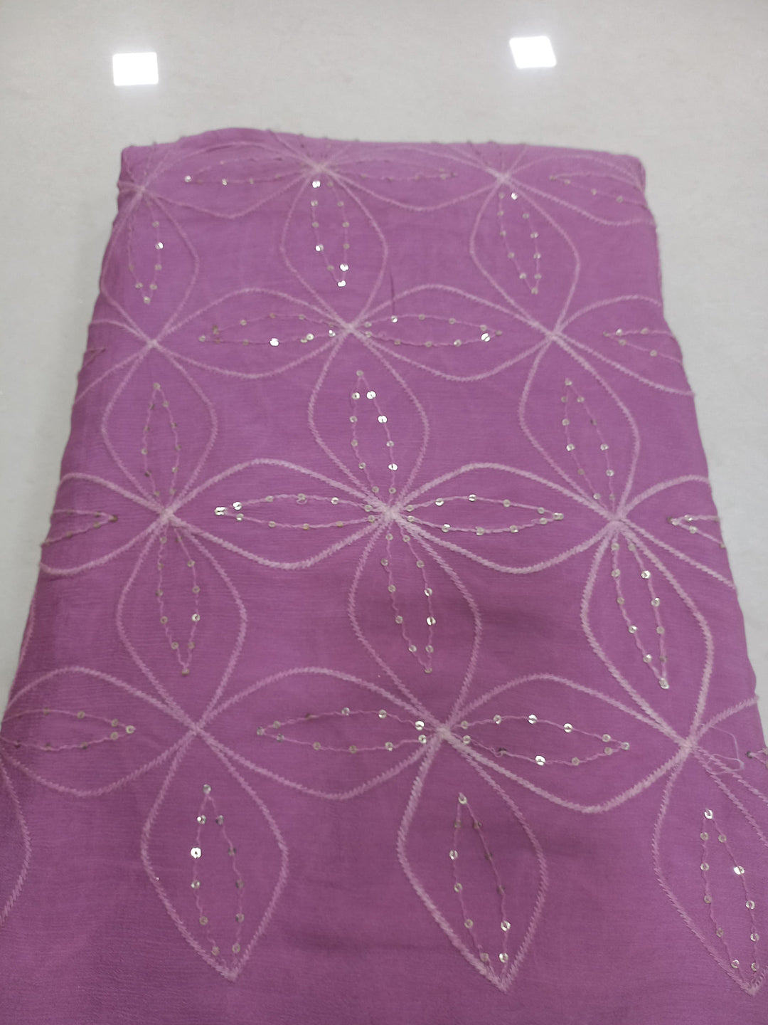 Light Plum Chinon Pure Viscose Fabric With Embroidery And Sequins Work - MBA Fabricwala