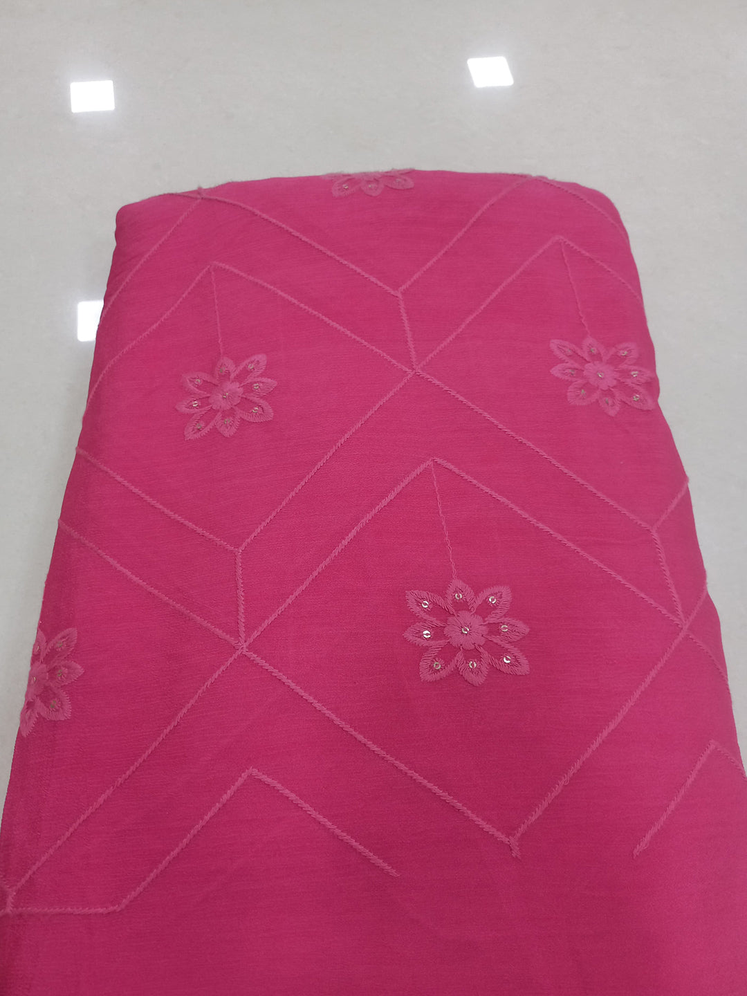 Rose Pink Chinon Pure Viscose Fabric With Embroidery And Sequins Work - MBA Fabricwala